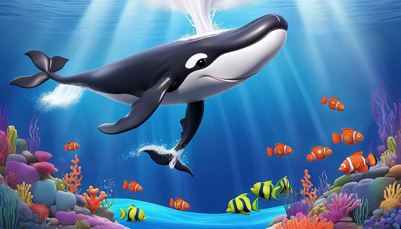 Create a 3-D Pixar style art scene for kids featuring a close-up of a whale's blowhole with water spouting out. The scene should be colorful and vibrant, with an ocean background, coral reefs, and schools of fish. The overall mood should be engaging and inviting for young children