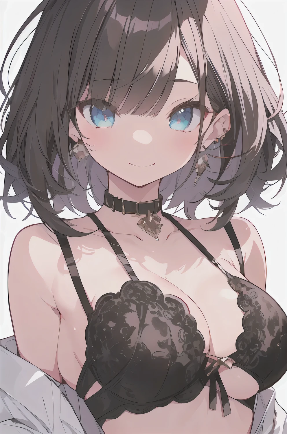 (best quality), (Super detailed), (Best Illustration), (masterpiece), score_9, score_8_up, score_7_up, (8k), (1woman), (black bra:1.2), (large breasts), {brown hair, (sideburns), (bob cut:1.3), curly hair, hairs between eyes, colored inner hair}, {(detailed eyes), twinkle(in the eyes), blue eyes}, blush, earring,