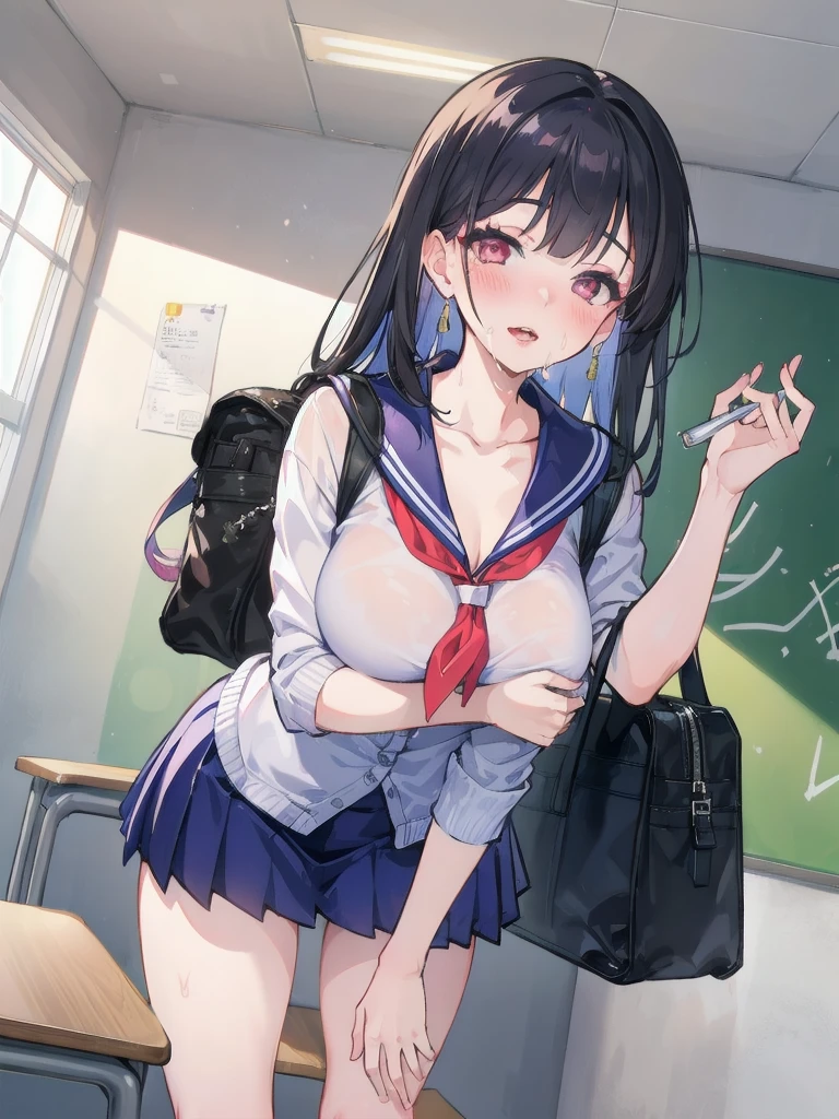 wide angle, 1girl, lips, open mouth, ahegao, saliva, blush, makeup, light smile, provoking, POV, from below, standing, , indoor, school bag, light rays, glow, thighs, collarbone, (masterpiece), wallpaper,