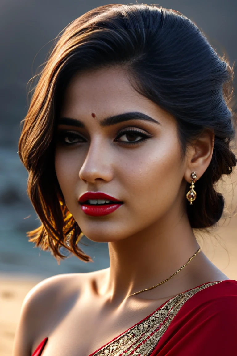 Ultra realistic cinematic soft light and ultra detailed red hour portrait,1girl in, age19, Solo, Long hair, Colossal , Looking at Viewer, black hair, Bare shoulders, Brown eyes, Full curvy body, off shoulders, saree, Realistic, A sexy, 4K, max quality, small breasts, super sharp image, 8K, beautiful pose, playboy model, photo session, red lips, headshot, masterpiece, sex bomb, kashmiri, detailed body, Egyptian dress, chewing lips, highly detailed, seducing, seductive,face only, perfect lightening, white skin, good bright lightening, beach , dancing face lusty smile 