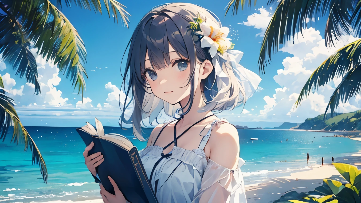 （Cute older sister:1.3）、((Very detailed)) sky、((1 person)),I have a book,Ocean,Tropical atmosphere,Summer sky
