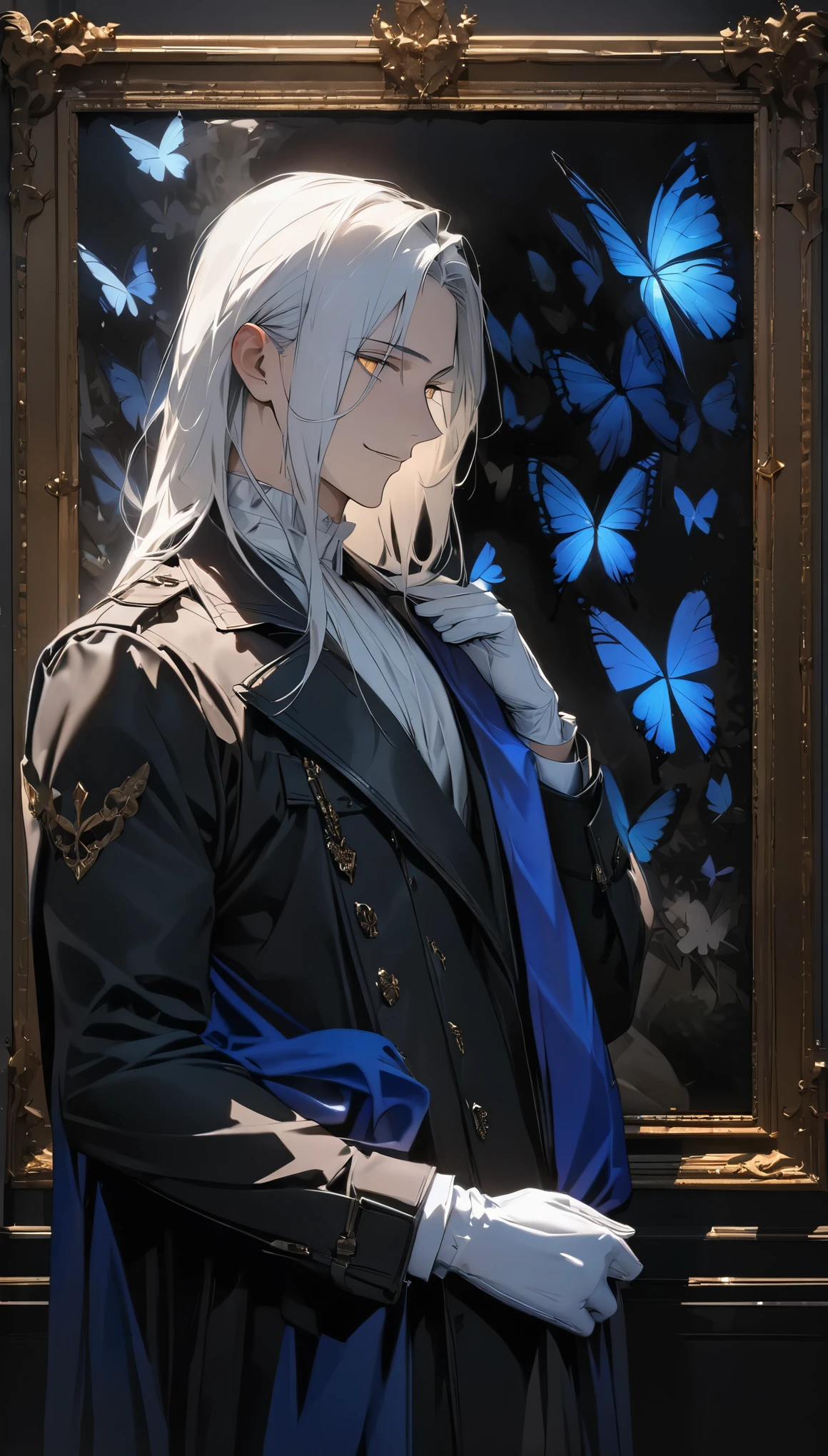 (masterpiece:1.5),best quality,(1 Handsome man),alone,white long length hair,(Golden eyes), (A soft smile),elegant,perfect face,Long black trench coat,white and blue cloth,white leather gloves,white lining,Slightly muscular body,High,8K,Beautiful contrast of light and shadow,Dark luxury background,(complete upper body),Positive face,luxury screen,Standing in front of the historical oil painting,Exquisite picture frame,((many butterflies)),(Museum),Museum