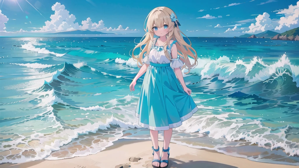 Anime character girl standing on a beach with a clear blue sky and fluffy white clouds overhead. The sea is a vibrant turquoise blue、Gentle waves lapping on the sand. Characters色白で背が低い, With wavy blonde hair、Blue flower accessory on the side. Her eyes are bright blue, And she looks straight at the viewer with a slight smile..

She&#39;s frilly, White bikini with light blue ribbons and frills. The top has a tie-up detail in the center.、Has thin straps on the shoulder. Characters、She playfully lifts up the end of her matching ruffled skirt。, Bikini bottoms are exposed underneath.、Similar ribbon detailing on the sides。. Her posture is relaxed yet playful., Capture carefree summer fun moments.