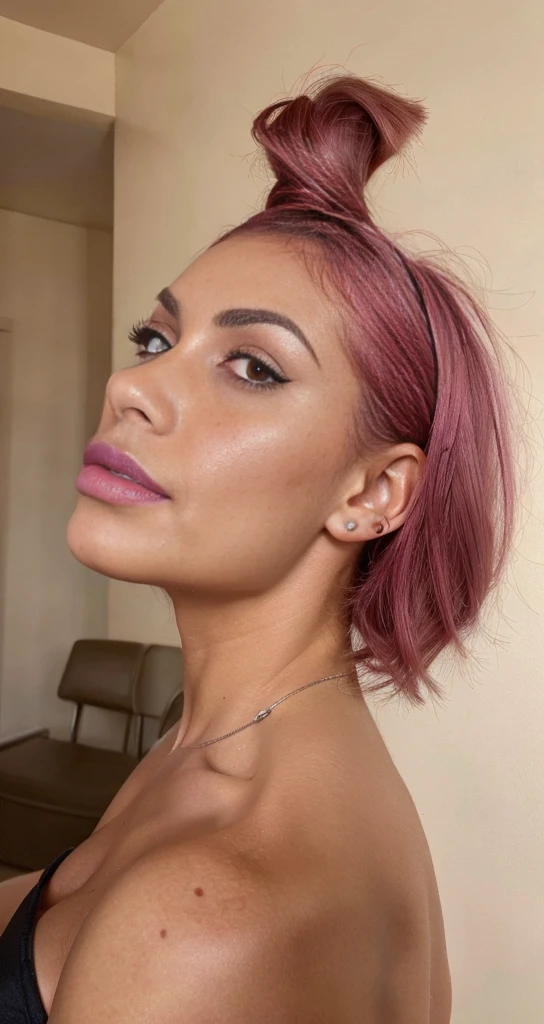 short burnt pink hair detailed with ponytail, shaved side haircut, freckles, blushful, (burning pouting expression), single raised eyebrow, ombre, black lipstick, pierced eyebrow, , breasts big, fake boobs:1.2),) top cut), looking at side, Angular superheroine sexy face, Tatuagens, no bra, cabelo laranja, rosto sexy sedutor, nádegas grandes, Curvar, Se beijando, showing nádegas grandes, Olhando para trás, agarrando as nádegas, nádegas emocionantes
