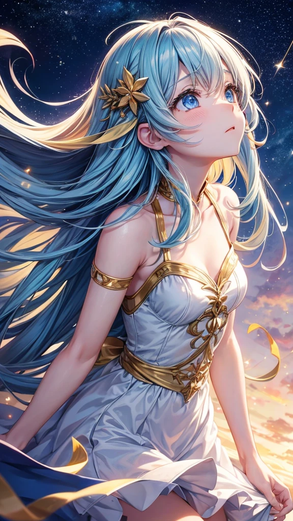 Anime girl, HD, looking up to the sky, falling stars, longing look, long hair, blue golden mixed eyes