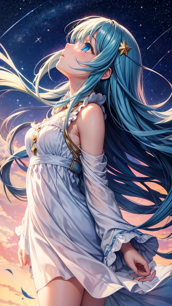 Anime girl, HD, looking up to the sky, is sad, falling stars, longing look, long hair, blue golden mixed eyes