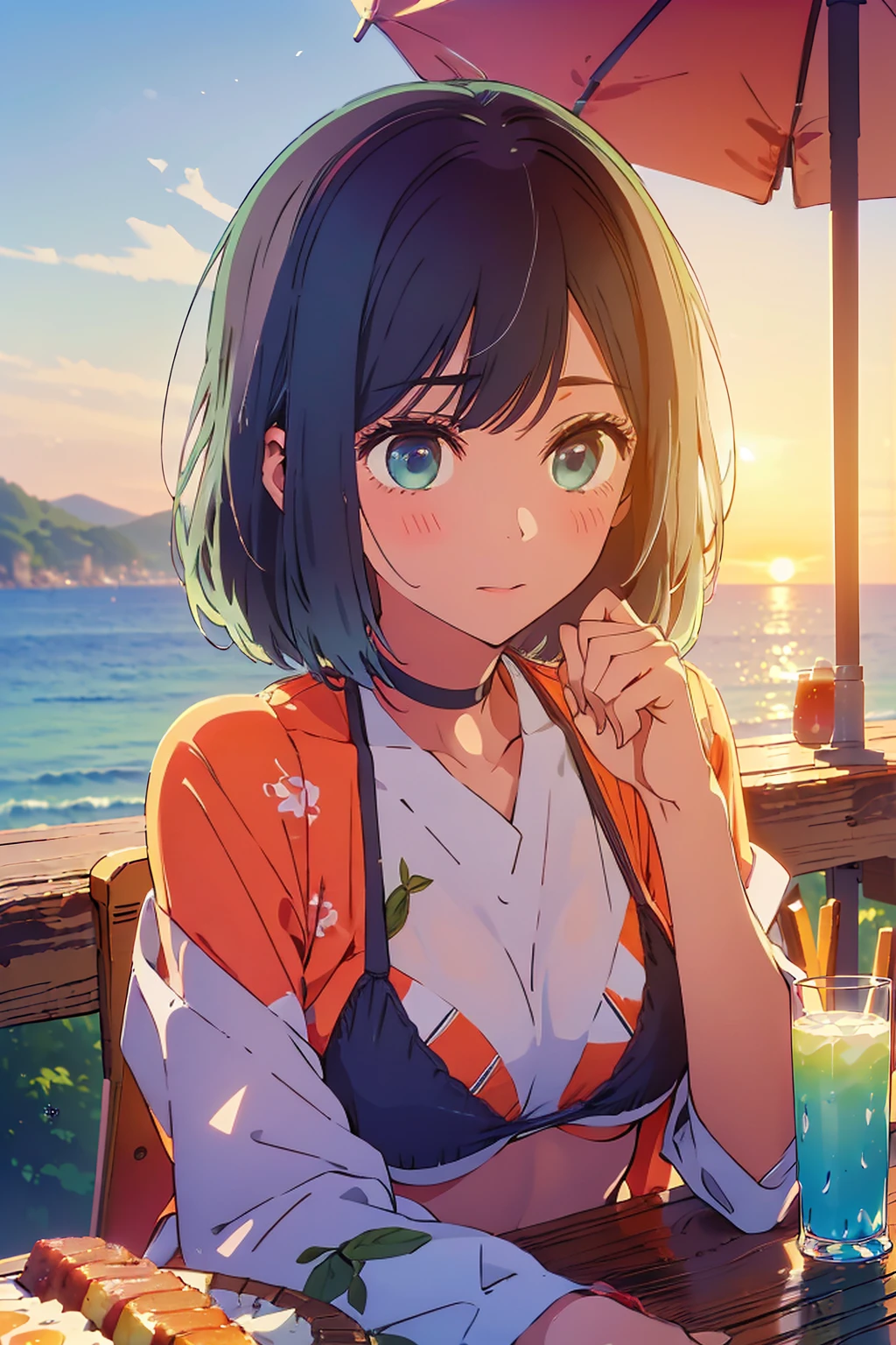 (Highest quality:1.4、masterpiece:1.4、Super detailed:1.4、8K:1.4)、Slim body、((((1 person、Surprised expression、sit、Outdoor café terrace、coastal、juice、table、Sandy Beach、bikini、juiceのグラスを持つ、Big eyes、Shallow depth of field、Very cute face))))、(((sunset、Sunset)))、((((bikiniサイズは小さい))))、F cup bust、Big Breasts、Get up close and take a photo