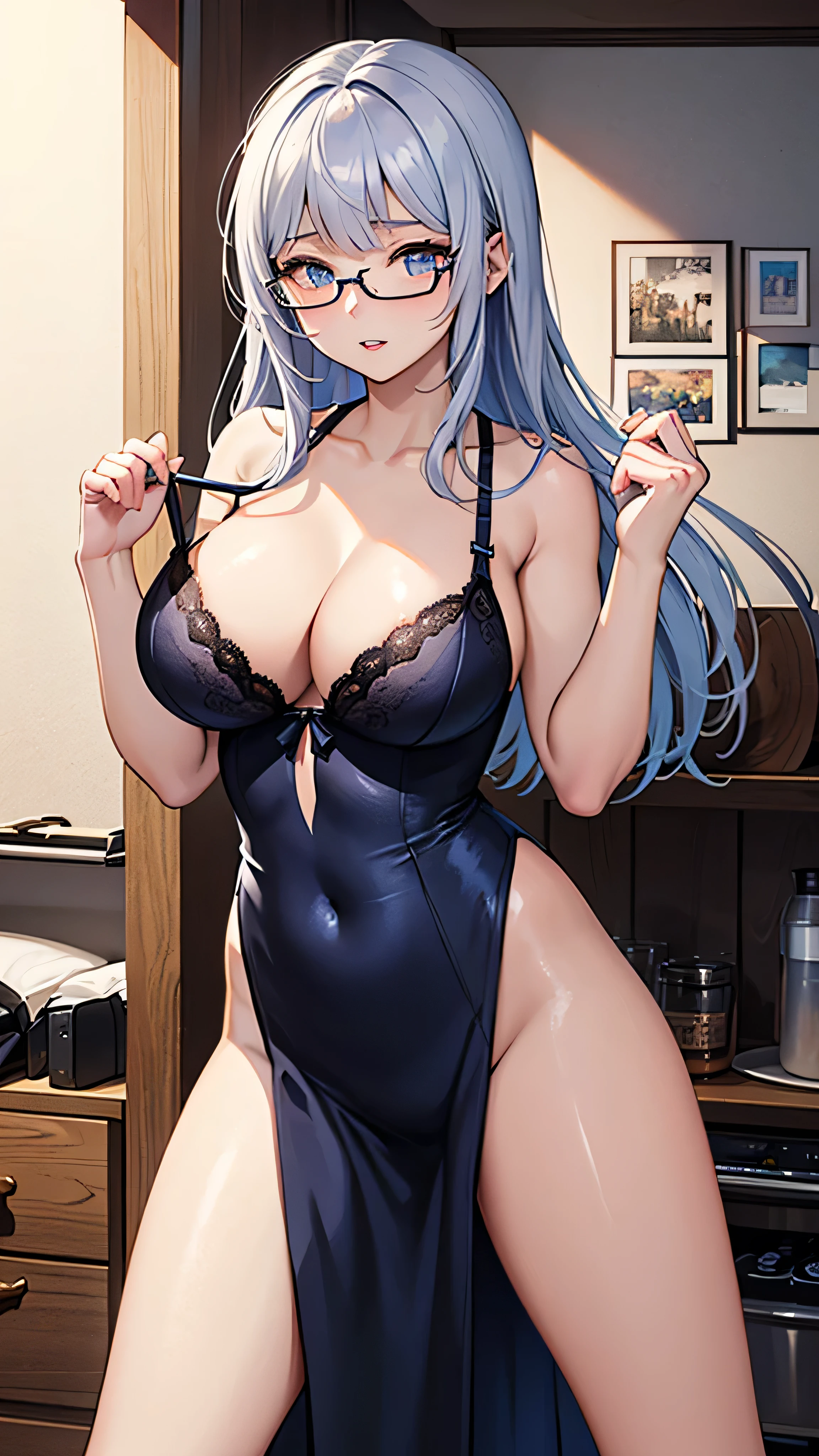 Create an anime-style illustration of a named Shizuka. She has long, straight, blue hair with bangs cut straight across her forehead. She has large, almond-shaped silver-blue eyes and porcelain-like white skin. Shizuka often wears glasses.Getting ready in the morning、Super big breasts、(Highest quality:1.4), (super high quality), (Very detailedな), 1 beautiful girl, So cute, (Very large breasts:1.1), (Slender body:1.1), (thin and delicate legs), Real skin texture, (Drop your bangs to the side), Bright and shiny lips, Advent of the Beautiful Goddess, Beautiful background, Golden Ratio, Conceptual Art, Very detailed, Accurate, Advanced Details, Outdoor, Sexy Art, Bright light, Ultra-detailed illustration details, 8K wallpapers incorporating highly detailed CG, RAW Photos, Professional photos, Cinema Lighting, , (Nipple protrusions push up the uniform),Sexy Lingerie
