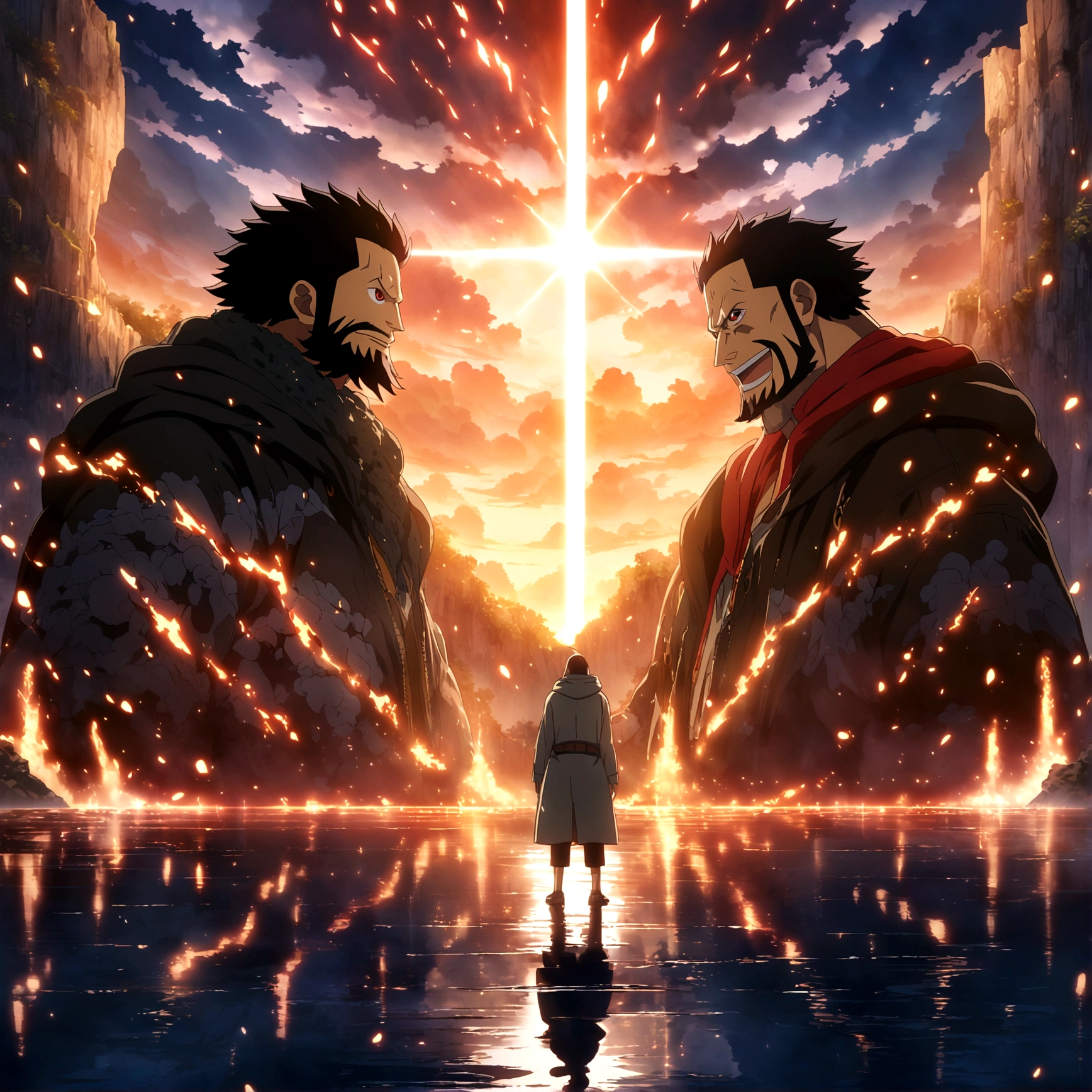 Large, burly man, shaved black hair, large black beard, vibrant red eyes, cheerful and cool smile, wearing a large gray hooded coat, "One Piece-inspired anime features, drenched in dramatic and incredible lighting, dramatic lighting, infused with creative details, ultra-fine 2D design, scenery bathed in creativity, bathed in creativity, boasting HD anime resolution clarity, HD anime graphics, high-octane rendering"