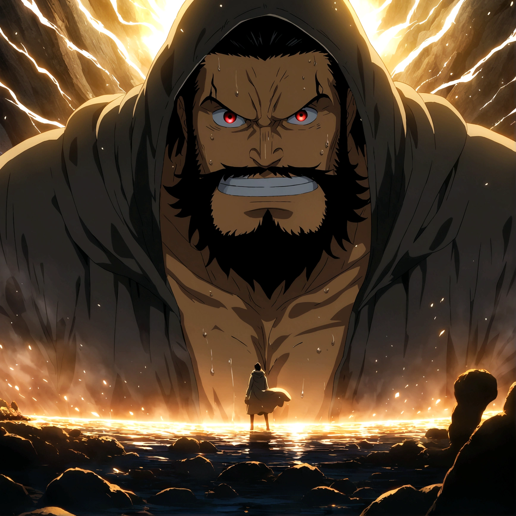 Large, burly man, shaved black hair, large black beard, vibrant red eyes, cheerful and cool smile, wearing a large gray hooded coat, "One Piece-inspired anime features, drenched in dramatic and incredible lighting, dramatic lighting, infused with creative details, ultra-fine 2D design, scenery bathed in creativity, bathed in creativity, boasting HD anime resolution clarity, HD anime graphics, high-octane rendering"