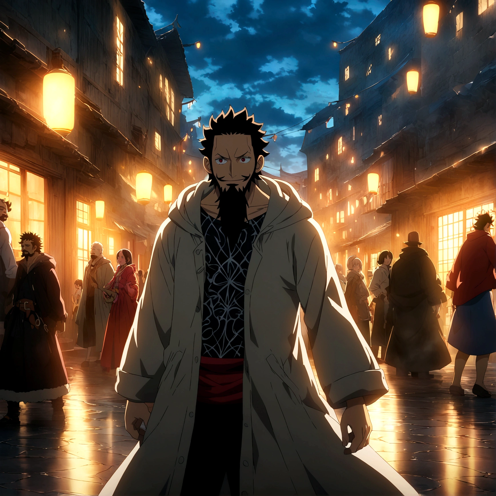 Large, burly man, shaved black hair, large black beard, vibrant red eyes, cheerful and cool smile, wearing a large gray hooded coat, "One Piece-inspired anime features, drenched in dramatic and incredible lighting, dramatic lighting, infused with creative details, ultra-fine 2D design, scenery bathed in creativity, bathed in creativity, boasting HD anime resolution clarity, HD anime graphics, high-octane rendering"