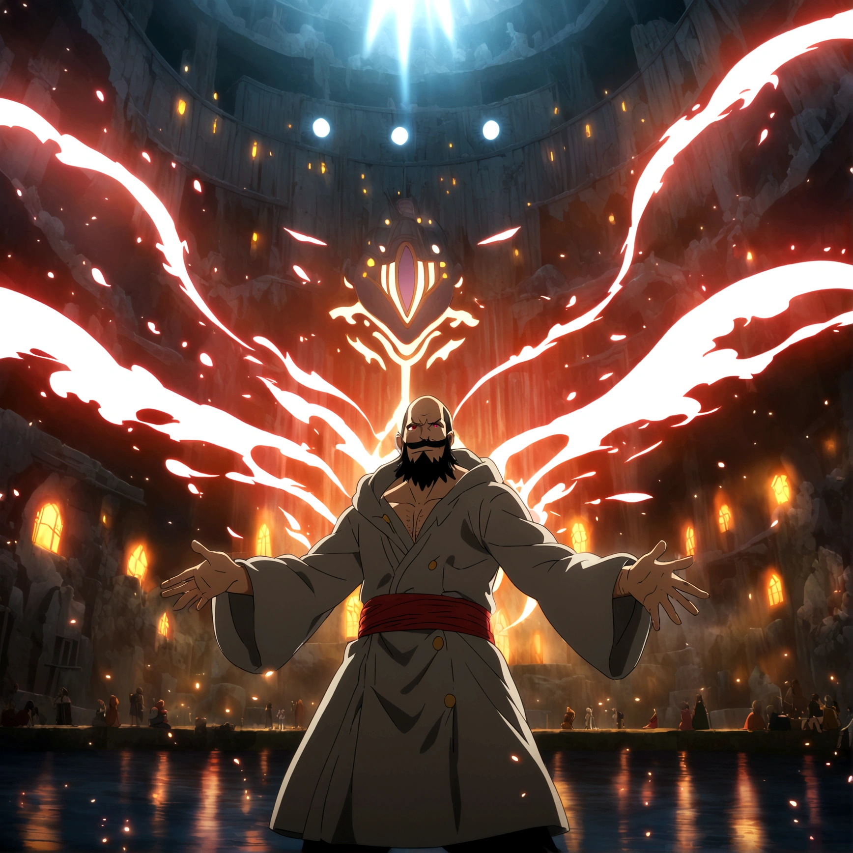Large, burly man, shaved black hair, large black beard, vibrant red eyes, cheerful and cool smile, wearing a large gray hooded coat, "One Piece-inspired anime features, drenched in dramatic and incredible lighting, dramatic lighting, infused with creative details, ultra-fine 2D design, scenery bathed in creativity, bathed in creativity, boasting HD anime resolution clarity, HD anime graphics, high-octane rendering"