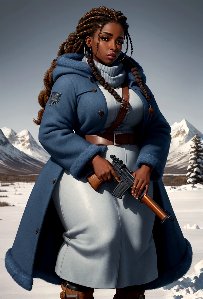 best quality,ultra-detailed,portrait, Teyonah Parris mixed with Joaquina Kalukango holding rifle, big woman, 3001bs, strong thighs, woolly braided hair, very dark skin, beautiful detailed blue eyes, beautiful detailed lips, detailed long woolly braided hair, winter coat, cold icy atmosphere, blood in the snow, frosty landscape, dark winter night, snowy ground, distant mountains, snow-covered trees, steely expression, sharp focus on the rifle, metallic texture,crisp, high contrast, cool color tones,dramatic lighting