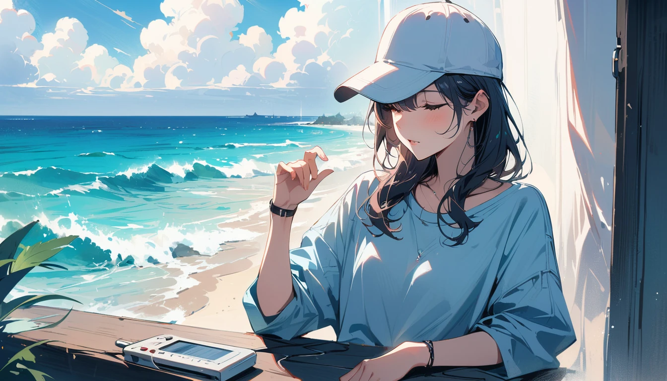 (masterpiece, Highest quality:1.2), 1 Girl, alone,Eyes open,Listening to the radio,Tropical atmosphere,Ocean