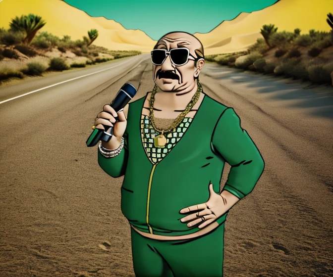 Carl Brutananadilewdki holding Mic playing Rapper walking on Cross road on Desert, Sunglasses, two earring, diamond ring, Diamond Necklace, Green Tracksuit, Hanna-Barbera Style 