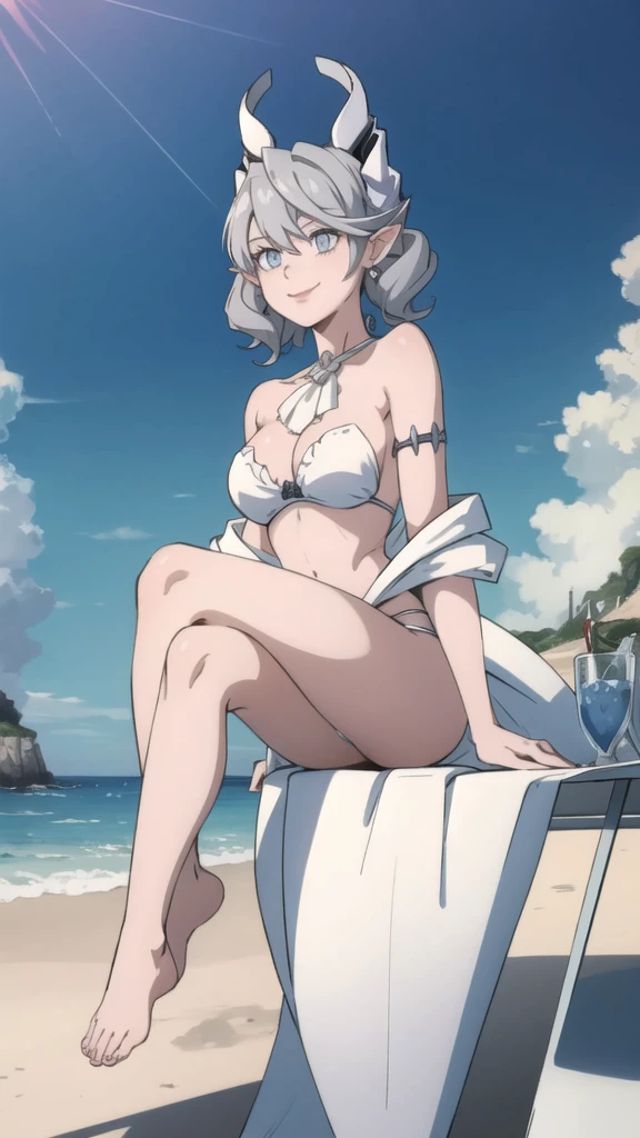 Beautiful arts wallpaper Sunset Outside castle top High level image quality best image quality 8K adult woman silver castle outside more colors whole body view portrait wearing pure white bikini naked horn ears short hair((shortcut)(gray hair)(perm)(fluffy)) eye color is blue , , attractive evil face , smile , beach , labrynth , , barefoot , riding crossed legs on surfer , riding fast ocean