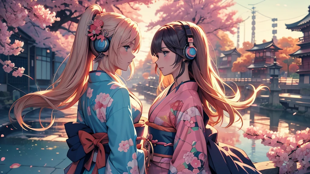 Woman wearing headphones, Anime Style 4 k, anime wallpaper 4k, anime wallpaper 4k, 4k anime wallpaper, anime art wallpaper 4k, anime art wallpaper 4k, Anime Style. 8K, Anime atmosphere, , Ultra HD Anime Wallpaper, Anime Art Wallpaper 8K, Anime Background,landscape、Japan、japan,kimono