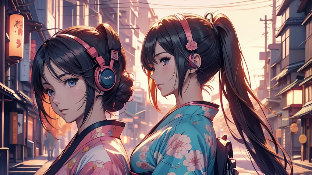 Woman wearing headphones, Anime Style 4 k, anime wallpaper 4k, anime wallpaper 4k, 4k anime wallpaper, anime art wallpaper 4k, anime art wallpaper 4k, Anime Style. 8K, Anime atmosphere, , Ultra HD Anime Wallpaper, Anime Art Wallpaper 8K, Anime Background,landscape、Japan、japan,kimono