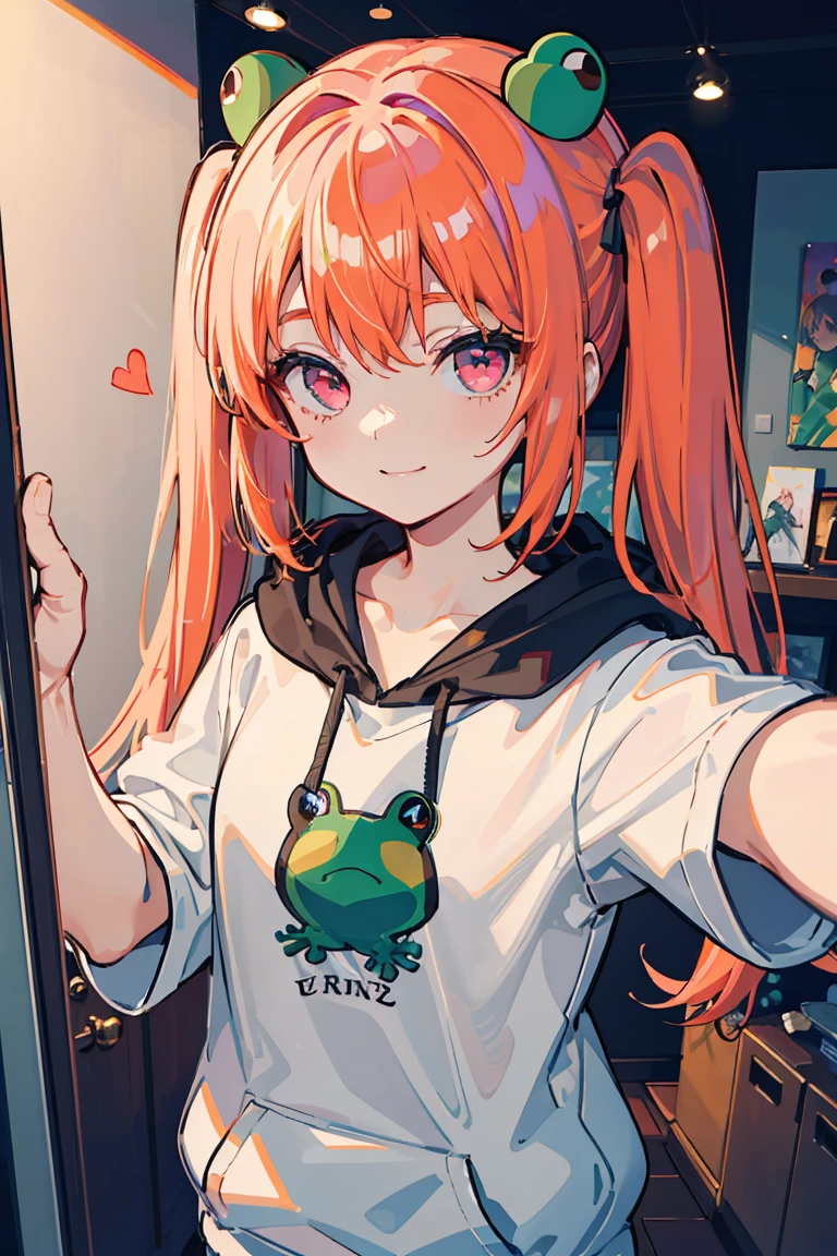 1 Girl, Green frog, Frog Face Hood, Loungewear, Colorful clothes, support, My Room, Selfie, Orange Hair, Long Hair, Twin tails, Bright smile, ribbon, Jump,Pink Eyes, ((Heart Eyes)),stage, Pale background,, Colorful Hair, Messy Hair, tonality, Romanticism, modern art, Impressionism, reflected light, 8K, masterpiece, Advanced Details, Highest quality, Accurate