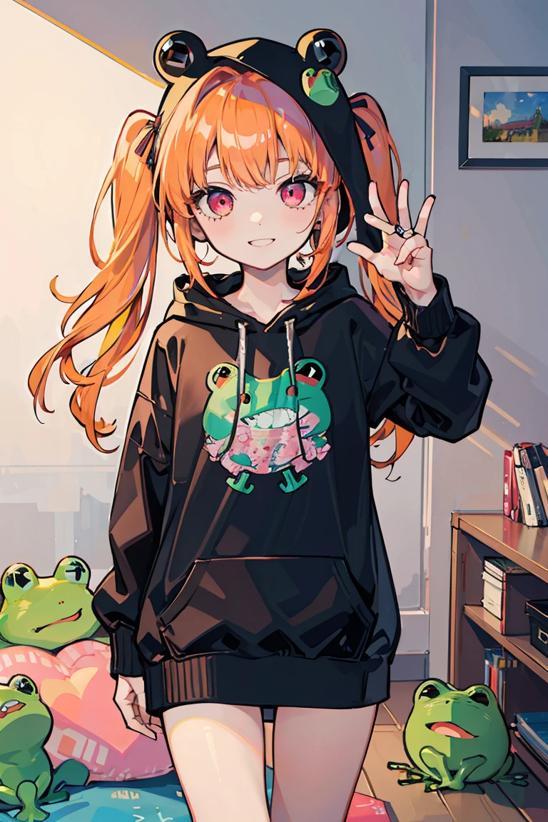 1 Girl, Green frog, Frog Face Hood, Loungewear, Colorful clothes, support, My Room, Selfie, Orange Hair, Long Hair, Twin tails, Bright smile, ribbon, Jump,Pink Eyes, ((Heart Eyes)),stage, Pale background,16 years old, Colorful Hair, Messy Hair, tonality, Romanticism, modern art, Impressionism, reflected light, 8K, masterpiece, Advanced Details, Highest quality, Accurate
