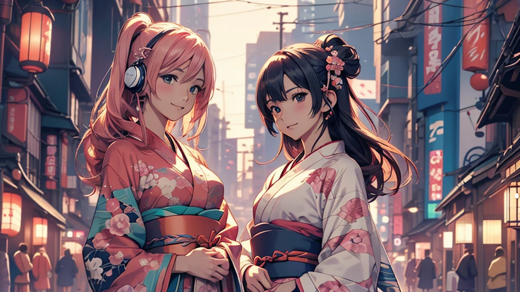 Woman wearing headphones, Anime Style 4 k, anime wallpaper 4k, anime wallpaper 4k, 4k anime wallpaper, anime art wallpaper 4k, anime art wallpaper 4k, Anime Style. 8K, Anime atmosphere, , Ultra HD Anime Wallpaper, Anime Art Wallpaper 8K, Anime Background,landscape、Japan、japan,kimono