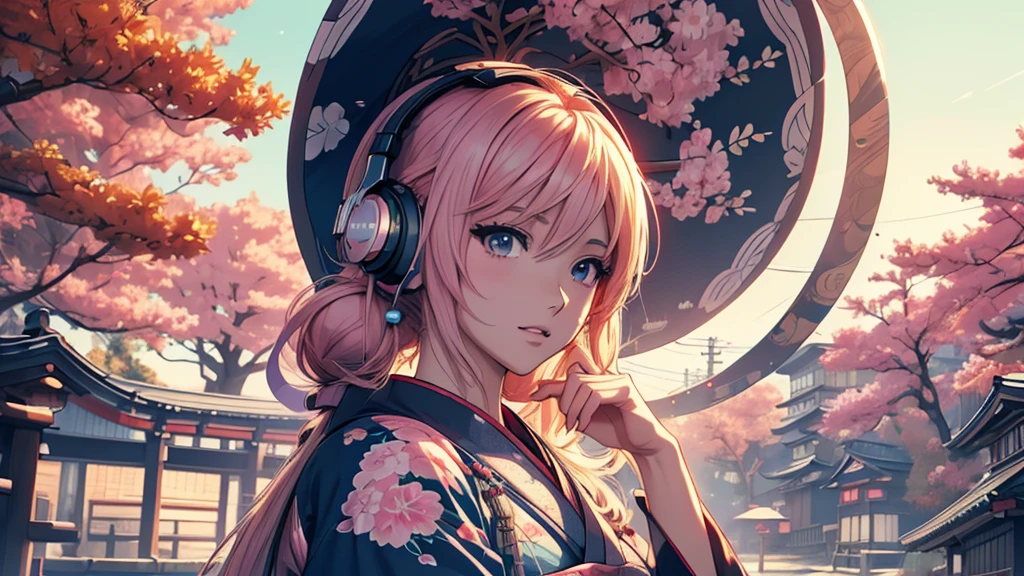 Woman wearing headphones, Anime Style 4 k, anime wallpaper 4k, anime wallpaper 4k, 4k anime wallpaper, anime art wallpaper 4k, anime art wallpaper 4k, Anime Style. 8K, Anime atmosphere, , Ultra HD Anime Wallpaper, Anime Art Wallpaper 8K, Anime Background,landscape、Japan、japan,kimono