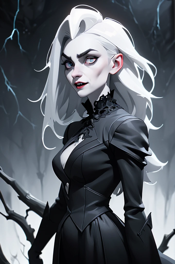 female vampire|albino,pale porcelain skin, vintage black dress, smile, the growling wolf, shallow depth of field, sadistic, nightfall, detailed face, night,wide hips,narrow waist,detailed eyes, portrait of woman standing,8k RAW photo, highest quality, (looking at the viewer:1.3), best shadow, intricate details, (bold hair:1.3),(bright eyes),forest, grave,gothic,goth,(thunder-storm:1.2),((intricate details)), detailed eyes, (hdr:1,2), ((intricate details, hyperdetailed)), half black hair, half white hair