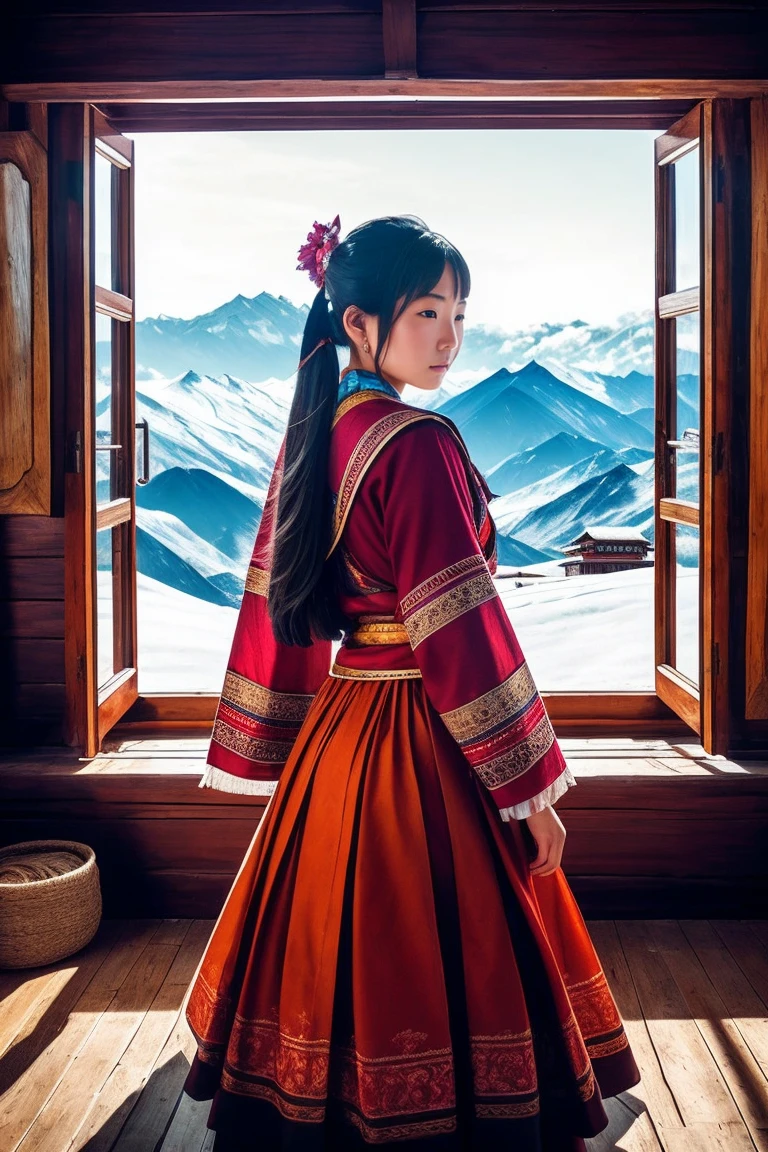 surrealism, Verism, Chiaroscuro, Depth of field, Cinematic lighting, movie picture quality，strong contrast of light and shadow，back lit lighting, filmgrain, hyper HD, Masterpiece, ccurate, Textured skin, Super detail, High details, High quality, Best quality, A high resolution, 8K,The scene is the scenery of the Qinghai-Tibet Plateau，There are snowy mountains，prayer flags，wooden cabin，「A beautiful 28-year-old Tibetan girl」，The costumes are Tibetan art costumes，Photographic style