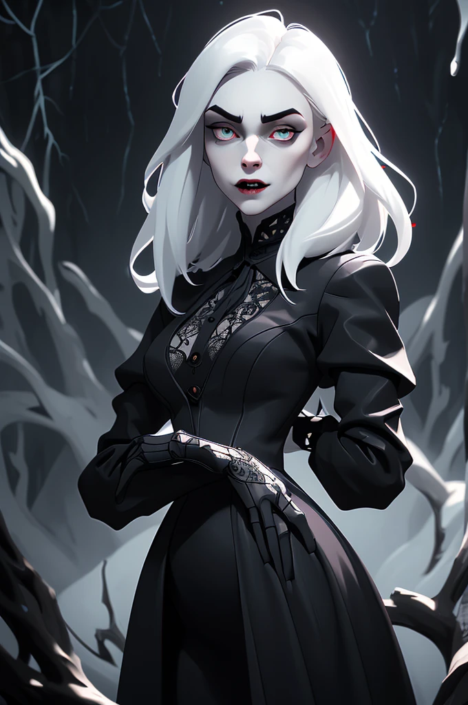 female vampire|albino,pale porcelain skin, vintage black dress, smile, the growling wolf, shallow depth of field, sadistic, nightfall, detailed face, night,wide hips,narrow waist,detailed eyes, portrait of woman standing,8k RAW photo, highest quality, (looking at the viewer:1.3), best shadow, intricate details, (bold hair:1.3),(bright eyes),forest, grave,gothic,goth,(thunder-storm:1.2),((intricate details)), detailed eyes, (hdr:1,2), ((intricate details, hyperdetailed)), half black hair, half white hair