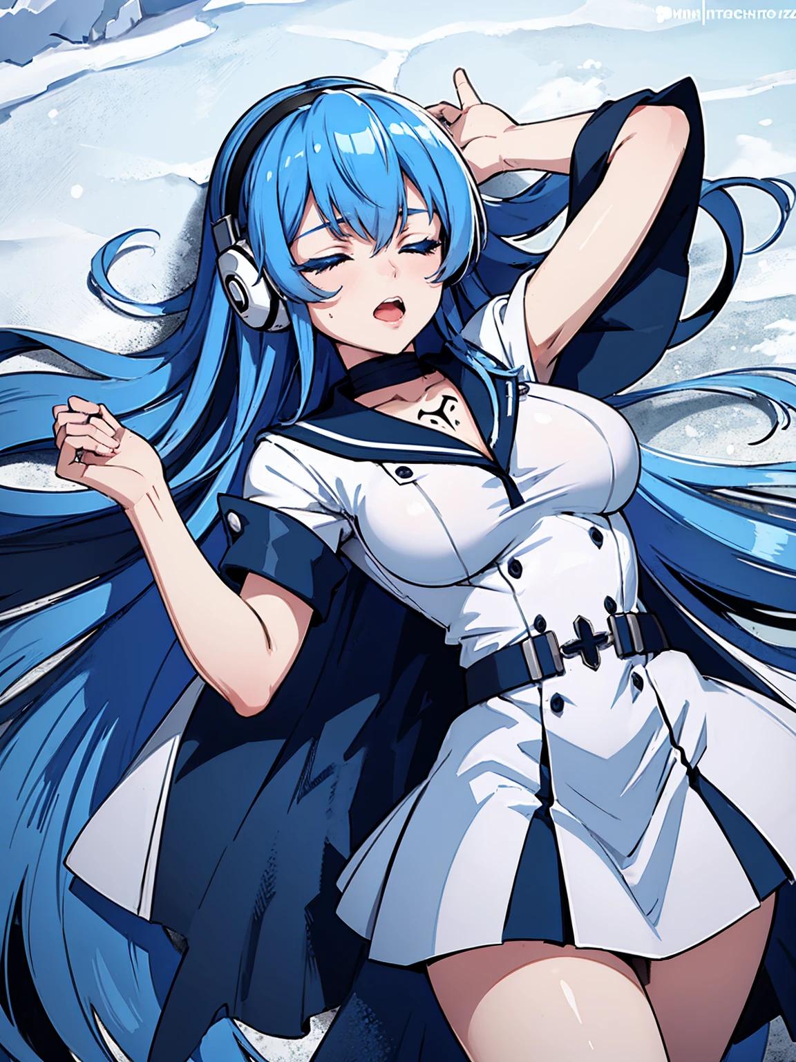 (artwork, best quality) a girl with long blue hair, closed eyes, blue eyelashes, white sailor suit, big breasts, perfect body, beautiful eyes, good waist, tattoo, screaming with joy, arms and legs open, listening to music with a headset, lying in the snow