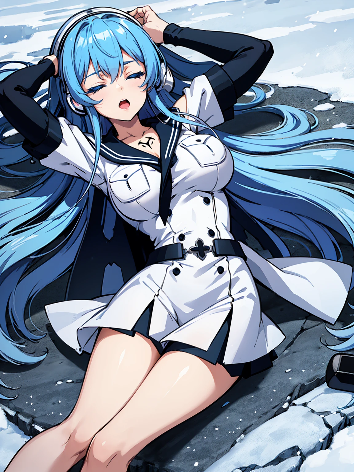 (artwork, best quality) a girl with long blue hair, closed eyes, blue eyelashes, white sailor suit, big breasts, perfect body, beautiful eyes, good waist, tattoo, screaming with joy, arms and legs open, listening to music with a headset, lying in the snow