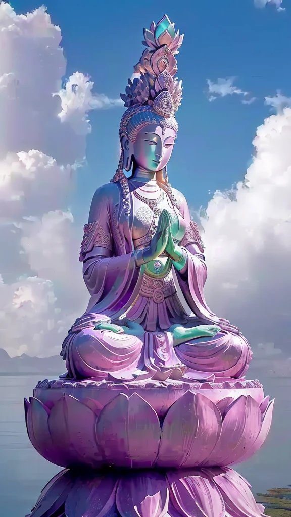 arafed statue of a woman Sitting on the lotus, win, win of the southern seas, Standing gracefully on the lotus, Goddess of love and peace, Beautiful images, Sitting on the lotus, Patron Saint 🛸🌈👩🏾, Buddha, Buddhism, contented female Buddha