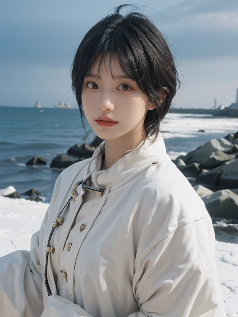 best quality, Ultra-high resolution, Seaside background,(Realistically:1.4), girl, A pair of eyes as clear as snow,Imperial sister,short hair, Looking at the audience,