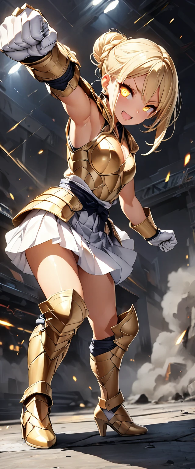 (Perfect Anatomy)、Mastepiece、Ultra High Quality、 8K、masterpiece、Highest quality、Ultra-high resolution、Maximum resolution、Very detailed、Professional Lighting、anime、woman、thin、so beautiful、Highly detailed eye、Highly detailed face、Golden earrings、Blonde, hair bun, Yellow Eyes、Mid-chest, goddess armor, white open mini skirt , full body, gold pattern, white super long boots, white long gloves, female martial artist, high heels, white clawed gauntlets, white cute headgear, fighting stance, gold knee armor, glowing eyes, ((Spinning kick)), fighter, fighting