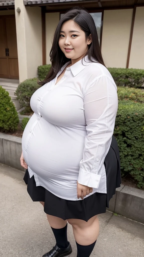 realistic depiction、super obeseのjapanese woman、super obese、super big breasts、Weight 300kg、very fat woman、Fat woman wearing a white collared shirt、black bra、japanese woman、laughter、Tight Skirt、outdoor、a bit、little woman、His height is only 145cm、short legs