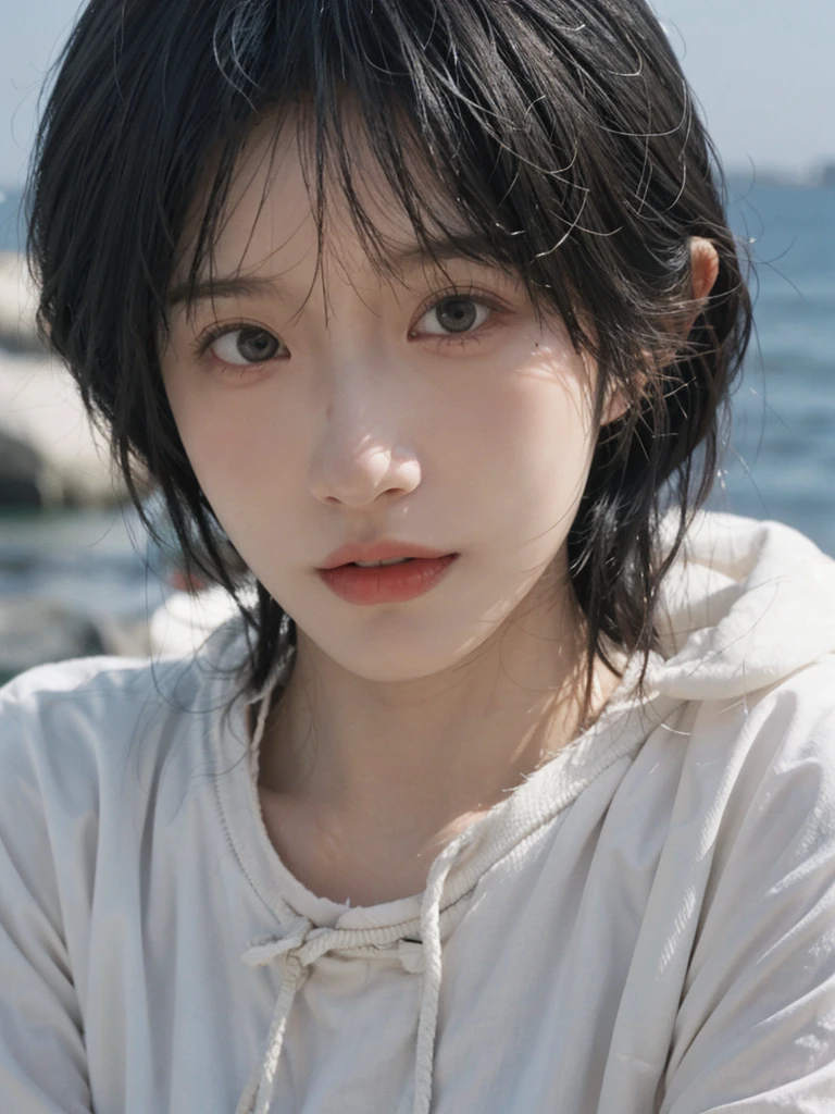 best quality, Ultra-high resolution, Seaside background,(Realistically:1.4), girl, A pair of eyes as clear as snow,short hair, Looking at the audience, close up