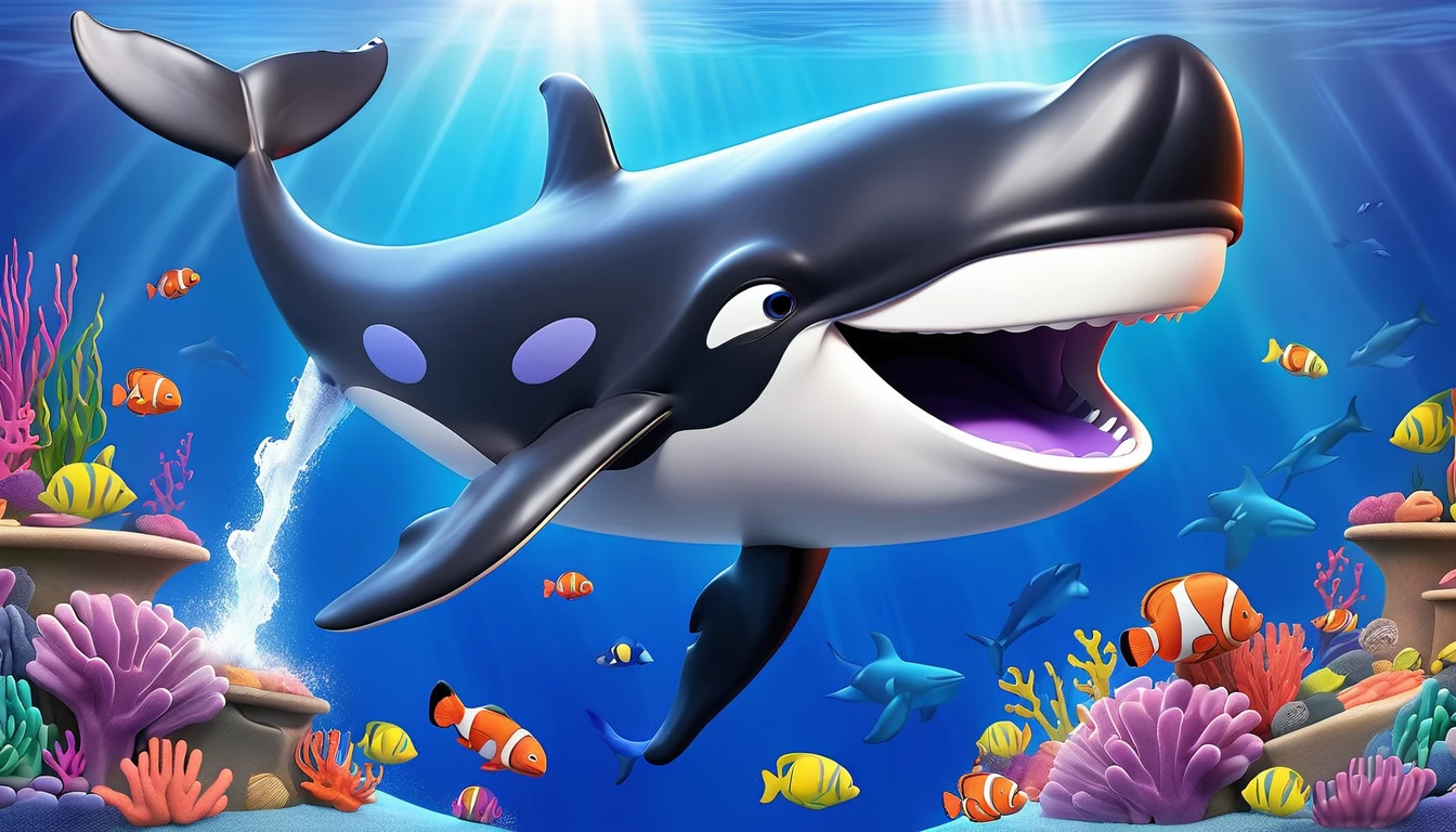 Create a 3-D Pixar style art scene for kids featuring a close-up of a whale's blowhole with water spouting out. The scene should be colorful and vibrant, with an ocean background, coral reefs, and schools of fish. The overall mood should be engaging and inviting for young children