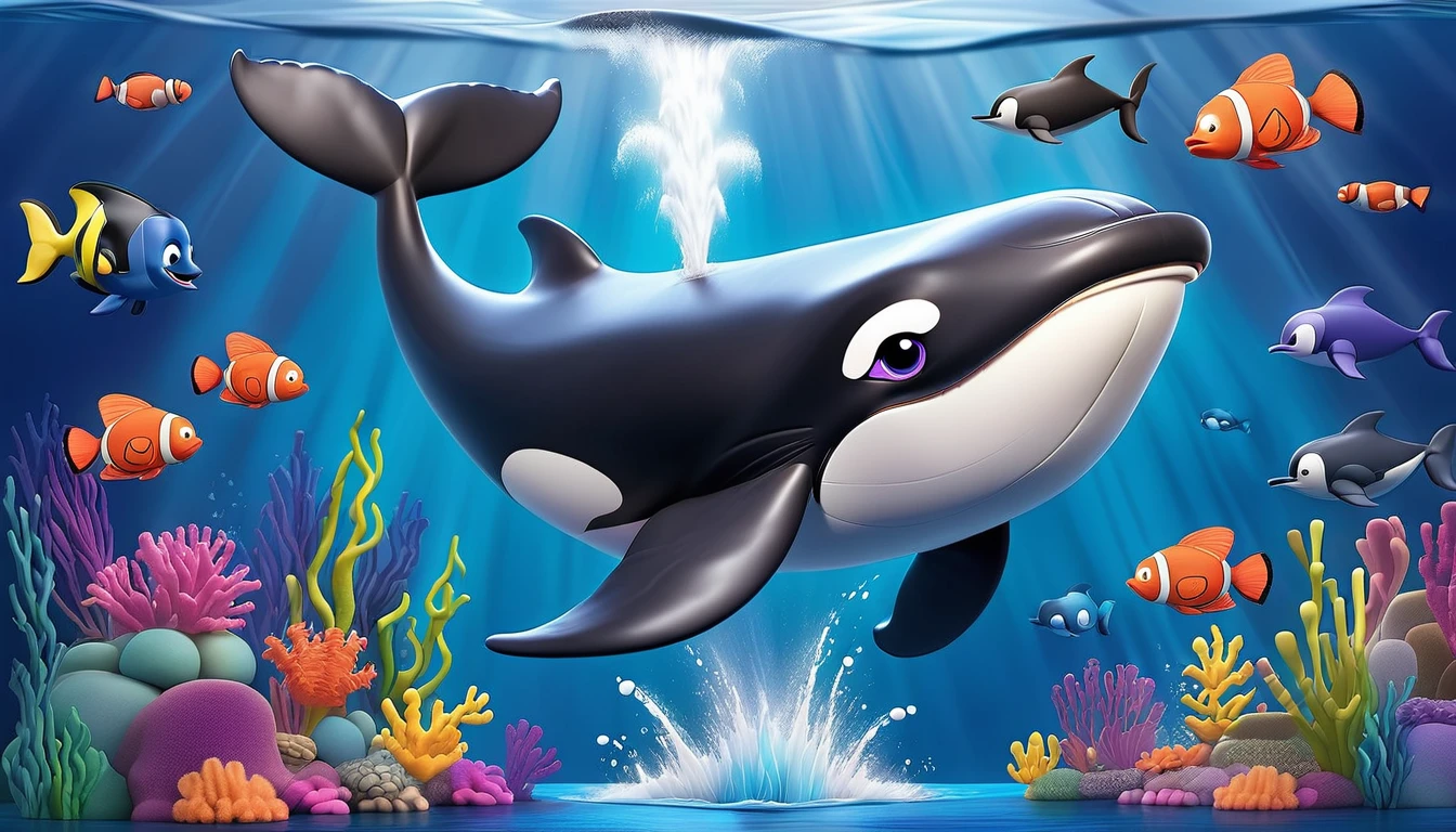 Create a 3-D Pixar style art scene for kids featuring a close-up of a whale's blowhole with water spouting out. The scene should be colorful and vibrant, with an ocean background, coral reefs, and schools of fish. The overall mood should be engaging and inviting for young children