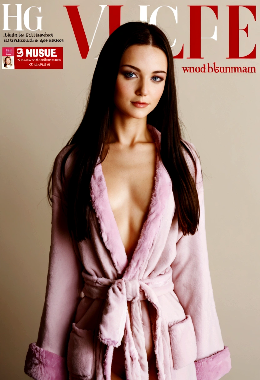 Magazine cover，Long hair，,Beautiful sexy woman(Wear Bathrobe),,(Smooth skin),E7E48U，Small Breasts，pubic hair