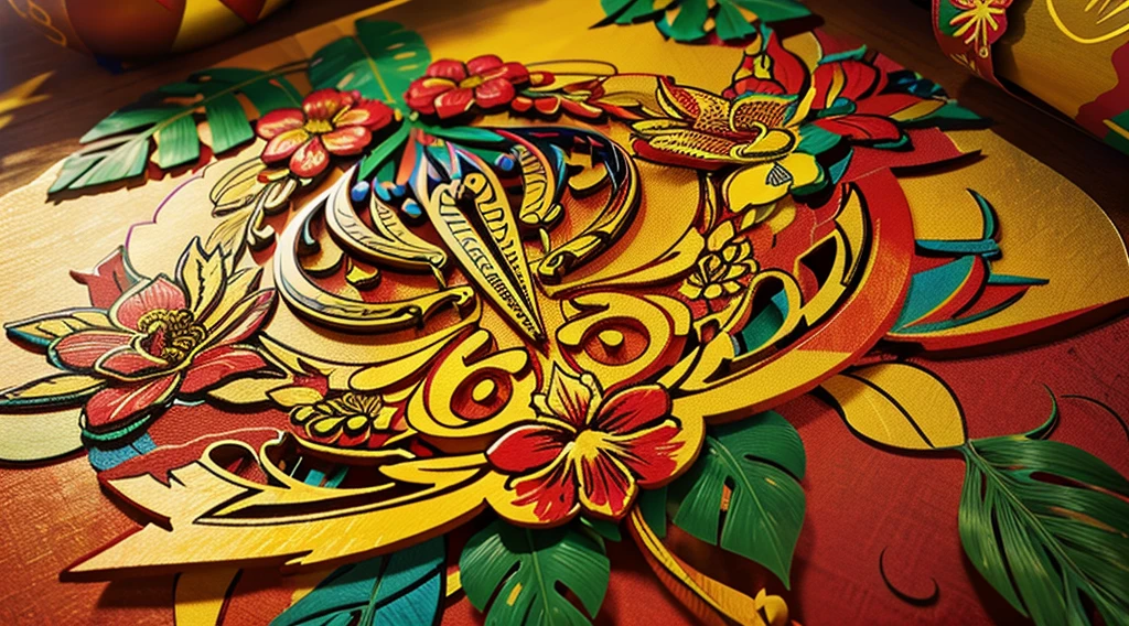 intricate ornamental floral logo,colorful tropical flowers,vibrant red and yellow colors,detailed hand-drawn style,festive celebration,party announcement,high quality,detailed 4k render,photorealistic,professional design,dynamic composition,eye-catching,attractive,elegant,beautiful