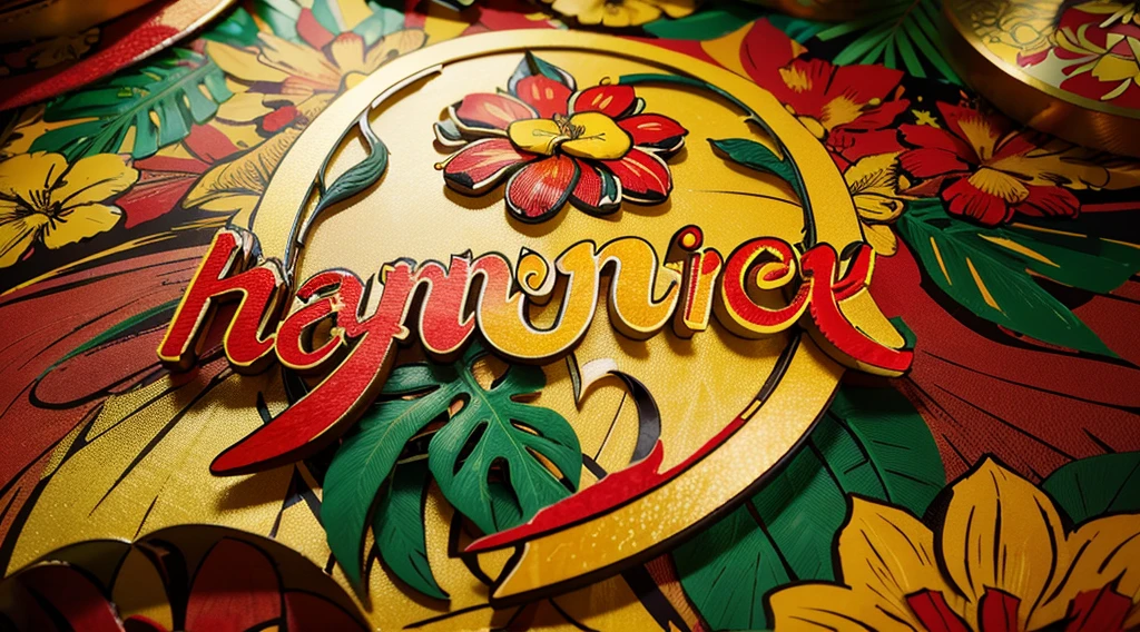 intricate ornamental floral logo,colorful tropical flowers,vibrant red and yellow colors,detailed hand-drawn style,festive celebration,party announcement,high quality,detailed 4k render,photorealistic,professional design,dynamic composition,eye-catching,attractive,elegant,beautiful