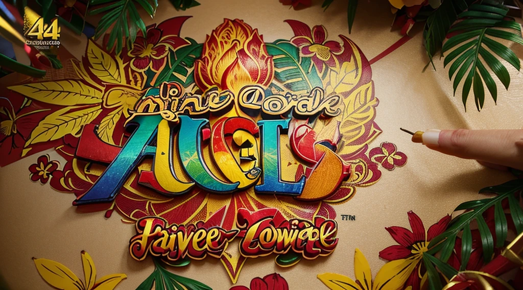 intricate ornamental floral logo,colorful tropical flowers,vibrant red and yellow colors,detailed hand-drawn style,festive celebration,party announcement,high quality,detailed 4k render,photorealistic,professional design,dynamic composition,eye-catching,attractive,elegant,beautiful