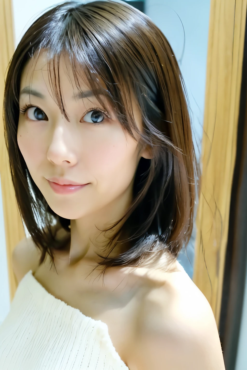 (High reality photograph, high resolusion), Skinny Japanese lady, 30 years old, cute face, detailed face, detailed eyes, various hair style, skinny figure, correct body anatomy, ((looking straight ahead)), facing the camera directly, single photo, a photo captured the best moment expressing the beauty and brains, ((with simple background))