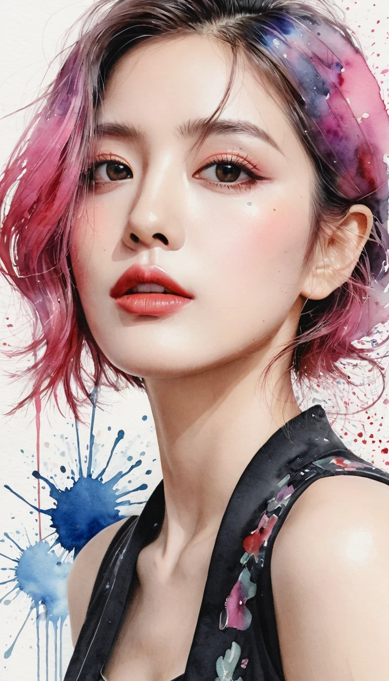 beautiful portrait of a woman, Watercolor by Silvia Pelissero, Beautiful eyes、 abstract art, Intense watercolor, watercolor detailed art, Watercolor splash, surreal, Avant-garde pop art, Beautiful and expressive paintings., beautiful illustration, Pink tones, wonderful, cool beauty, top quality,official art, Women only, Clear contours, Best Shot, vector art, Lips in love、 (((The most beautiful women in history))), (((Japanese)))、Transparent, (((top quality))), Lips in love, A high resolution, ((detailed explanation)), Stylish fashion, detailed clothing texture, (((graffiti art))), multicolored hair, ((masterpiece))、((Very detailed))