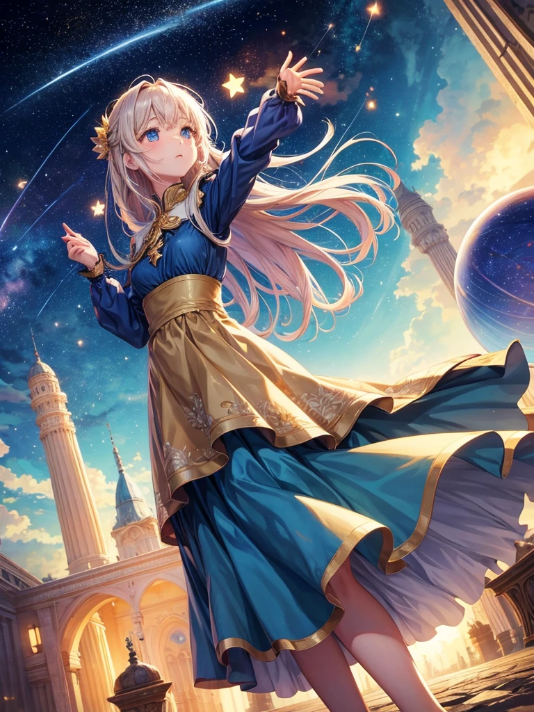 Anime girl, HD, looking up to the sky, is sad, falling stars, longing look, medium length hair, blue golden mixed eyes, wearing ball gown, hand reaching up to the sky