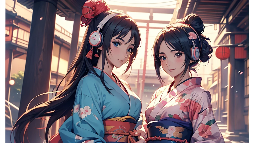 Woman wearing headphones, Anime Style 4 k, anime wallpaper 4k, anime wallpaper 4k, 4k anime wallpaper, anime art wallpaper 4k, anime art wallpaper 4k, Anime Style. 8K, Anime atmosphere, , Ultra HD Anime Wallpaper, Anime Art Wallpaper 8K, Anime Background,landscape、Japan、japan,kimono