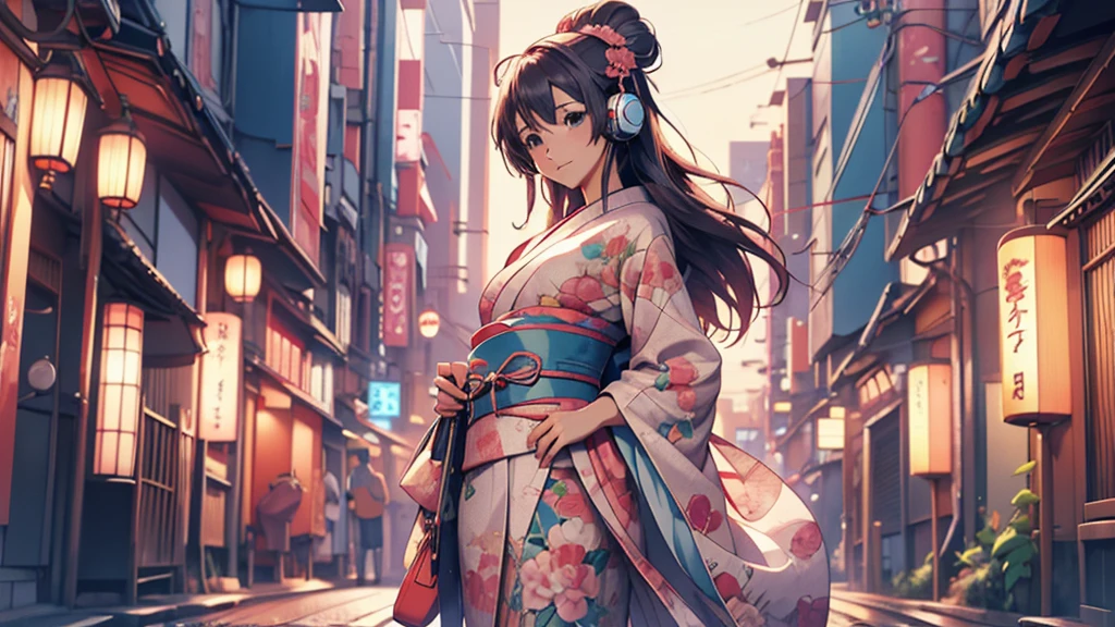 Woman wearing headphones, Anime Style 4 k, anime wallpaper 4k, anime wallpaper 4k, 4k anime wallpaper, anime art wallpaper 4k, anime art wallpaper 4k, Anime Style. 8K, Anime atmosphere, , Ultra HD Anime Wallpaper, Anime Art Wallpaper 8K, Anime Background,landscape、Japan、japan,kimono