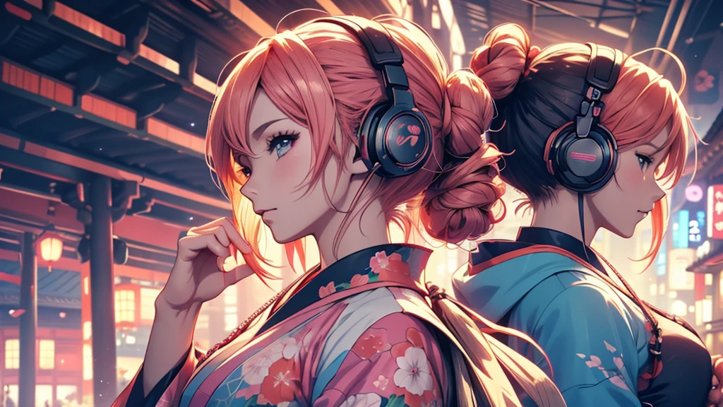 Woman wearing headphones, Anime Style 4 k, anime wallpaper 4k, anime wallpaper 4k, 4k anime wallpaper, anime art wallpaper 4k, anime art wallpaper 4k, Anime Style. 8K, Anime atmosphere, , Ultra HD Anime Wallpaper, Anime Art Wallpaper 8K, Anime Background,landscape、Japan、japan,kimono