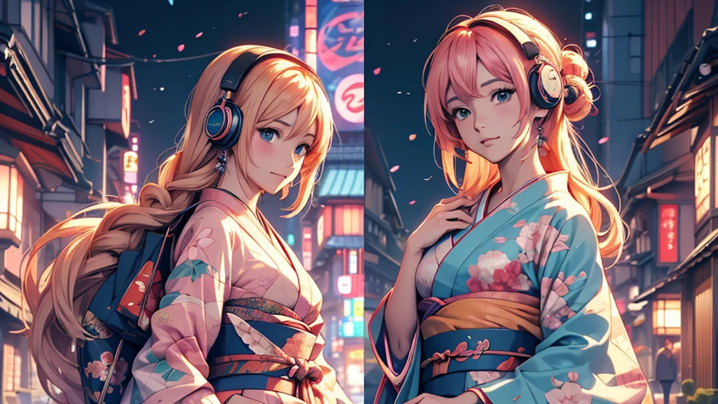 Woman wearing headphones, Anime Style 4 k, anime wallpaper 4k, anime wallpaper 4k, 4k anime wallpaper, anime art wallpaper 4k, anime art wallpaper 4k, Anime Style. 8K, Anime atmosphere, , Ultra HD Anime Wallpaper, Anime Art Wallpaper 8K, Anime Background,landscape、Japan、japan,kimono