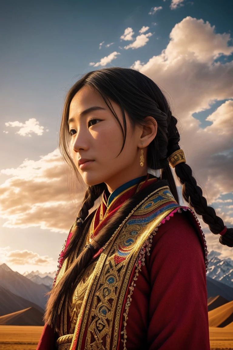 surrealism, Verism, Chiaroscuro, Depth of field, Cinematic lighting, movie picture quality,strong contrast of light and shadow,back lit lighting, filmgrain, hyper HD, Masterpiece, ccurate, Textured skin, Super detail, High details, High quality, Best quality, A high resolution, 8K,The scene is the scenery of the Qinghai-Tibet Plateau,There are snowy mountains,prayer flags,wooden cabin,「A beautiful 28-year-old Tibetan girl」,The costumes are Tibetan art costumes,Photographic style